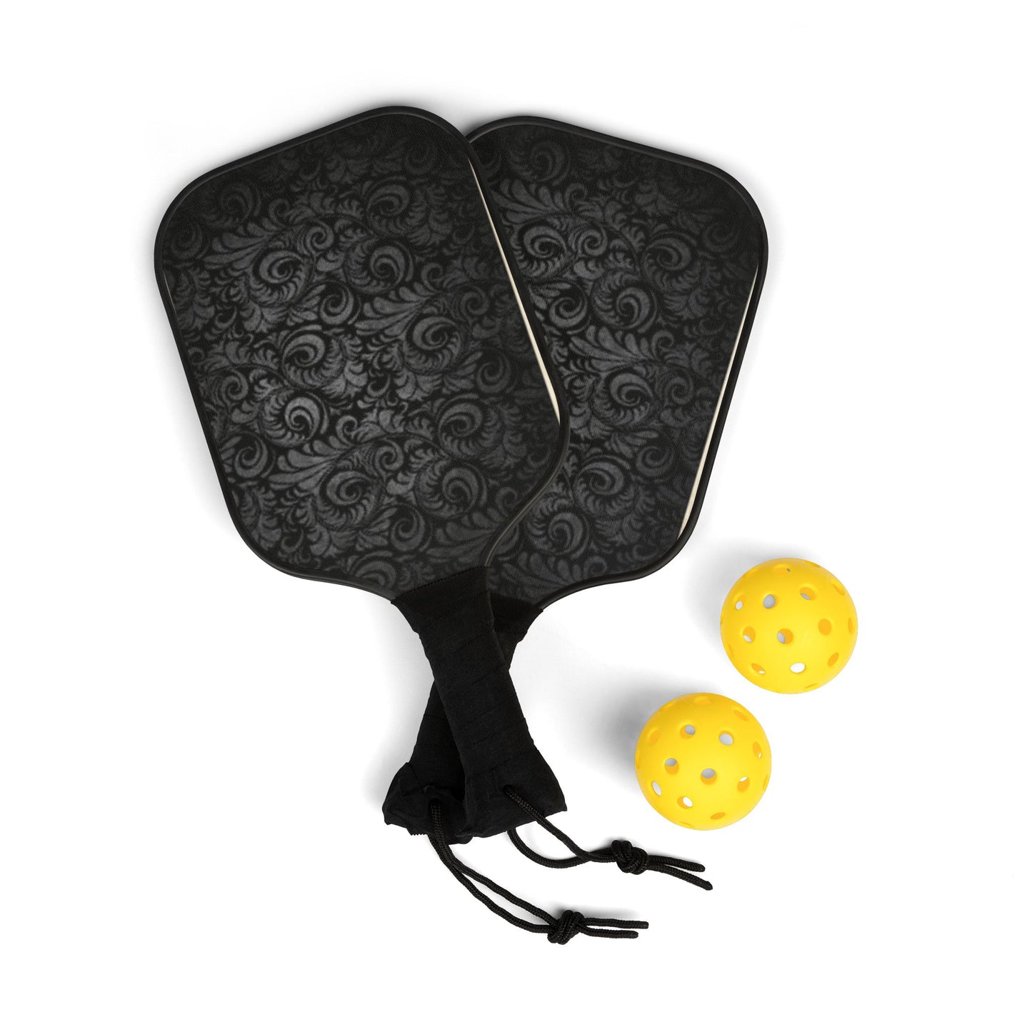 Pickleball Paddle Set — Elegant Black Damask Design with 2 Balls
